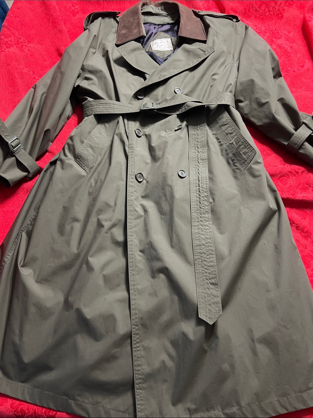 Harbor Light New York Men’s 46R Olive Trench Coat Removable Suede Collar Lining